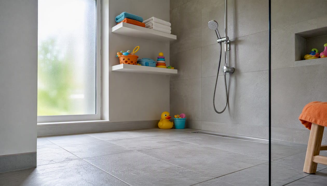 Kid-friendly bathroom with handheld shower and storage