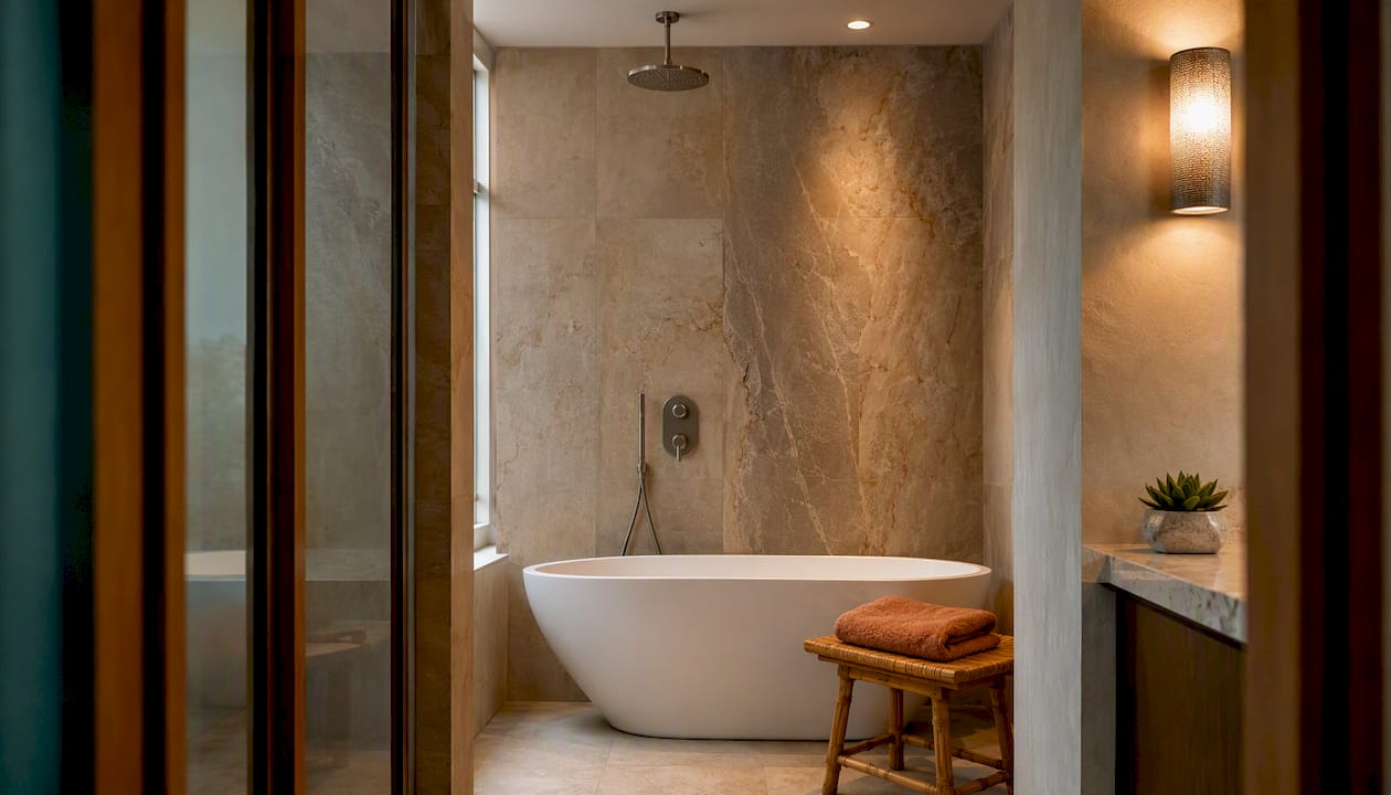 Spa bathroom with rain shower and soaking tub