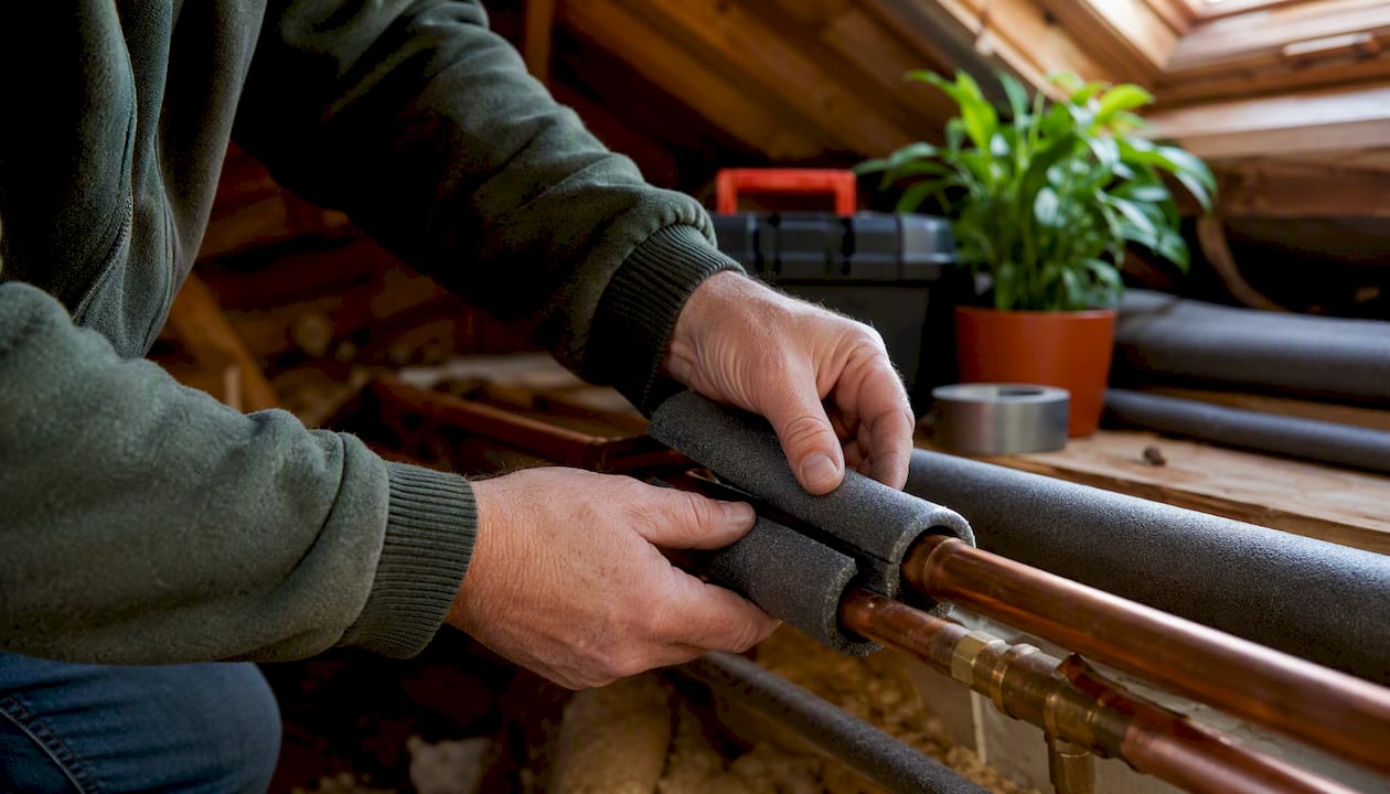 Hands installing foam insulation on basement pipes