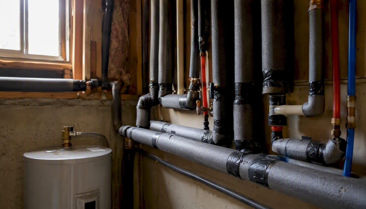 Foam pipe insulation covering various plumbing pipes indoors