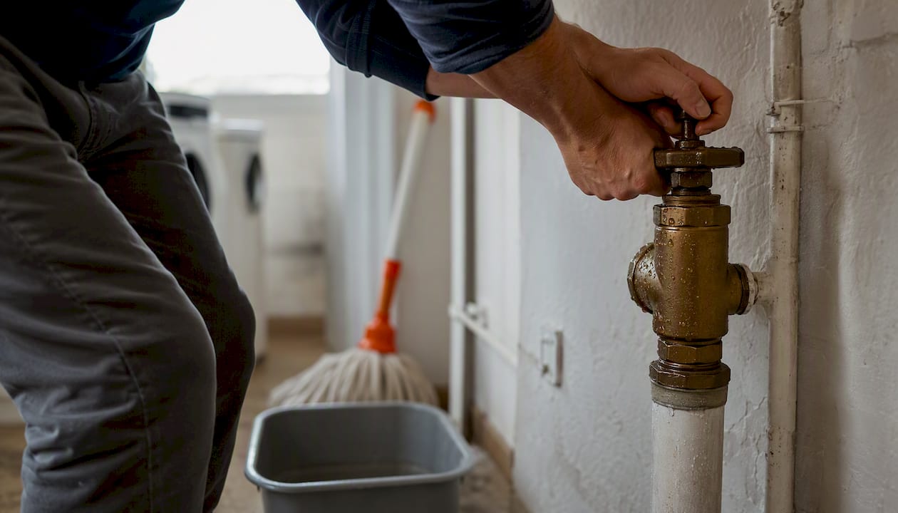 Hands turning off main water valve after leak