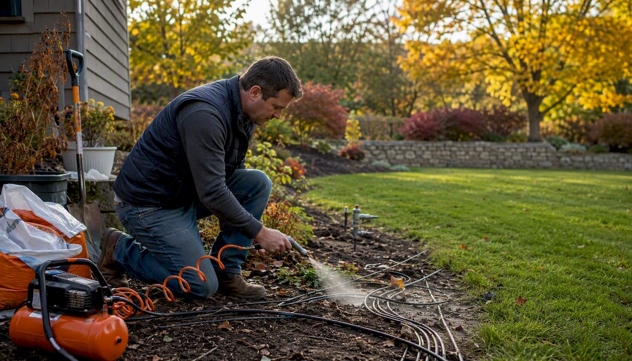 Outdoor irrigation pipe blowout with air compressor