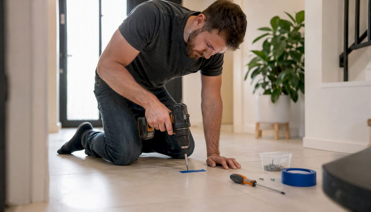 Homeowner drilling screw into wooden floorboard