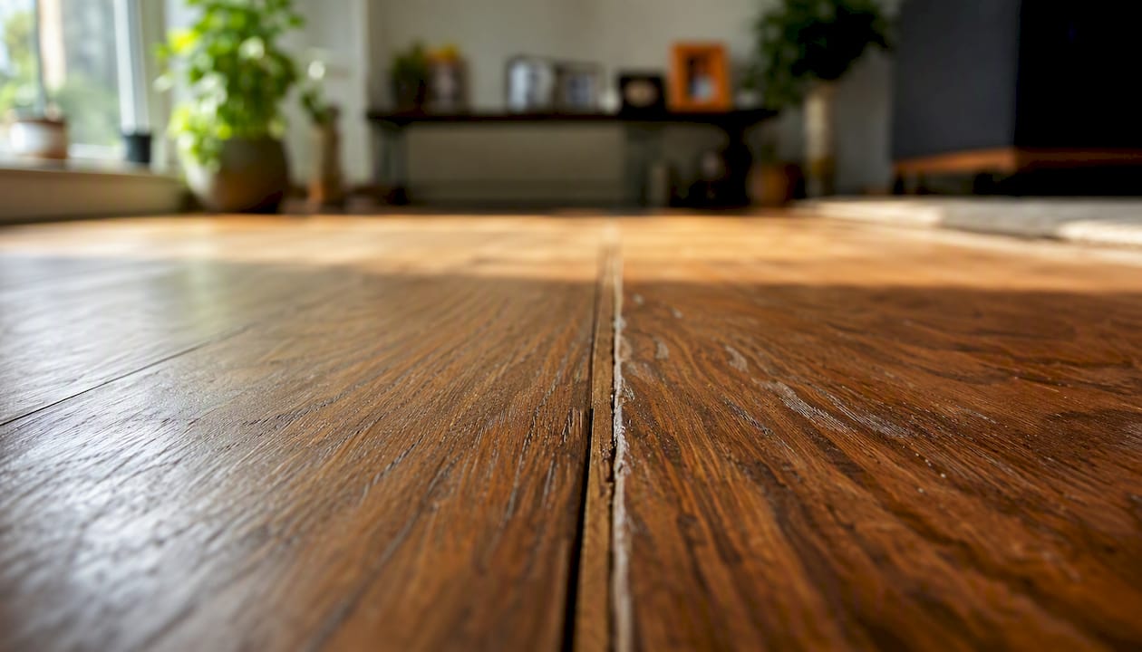 Close-up of hardwood floorboards rubbing edges