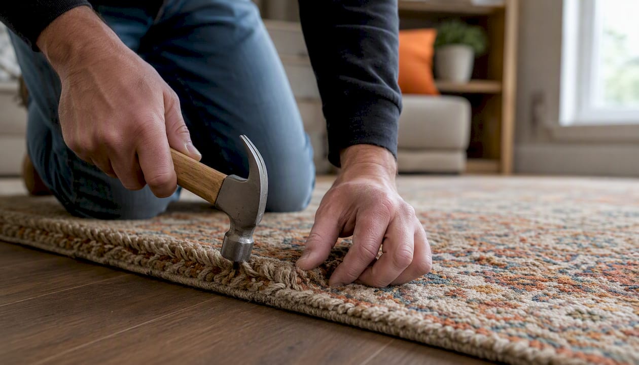 Hands driving finish nail through carpeted floor