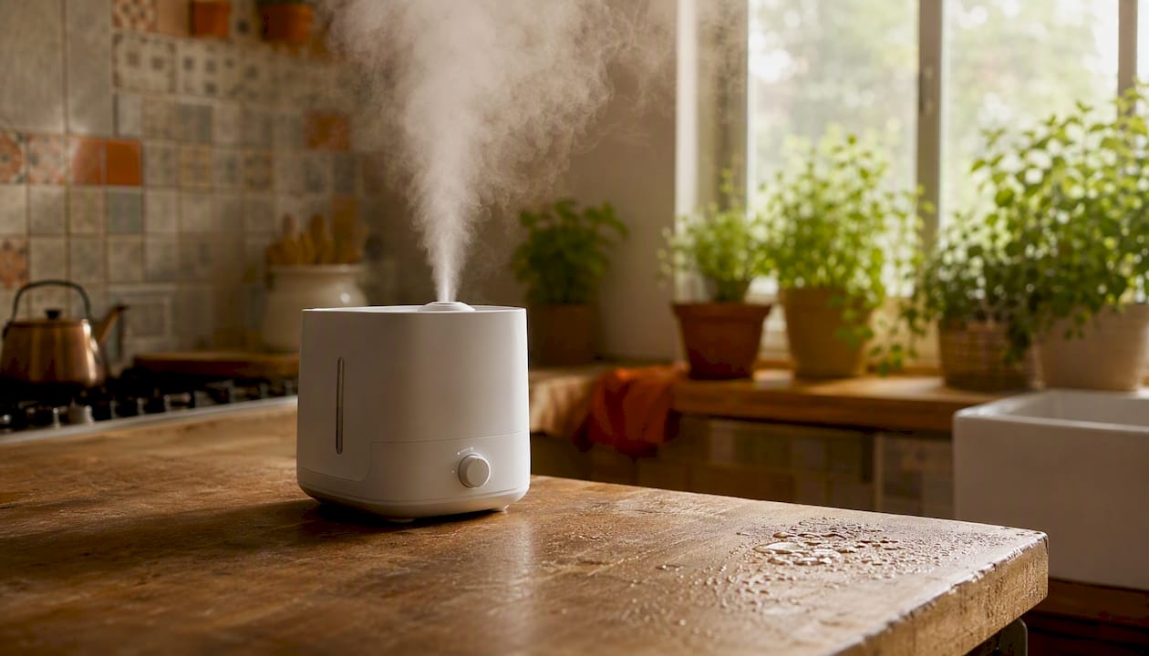 Portable humidifier mist in bright living room
