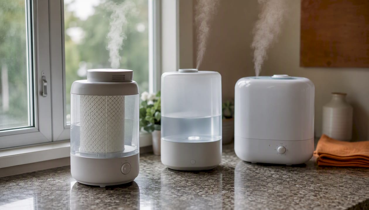 Three humidifier types on wooden table overhead
