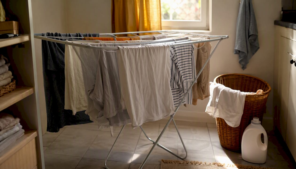 Indoor clothes drying rack with washed laundry
