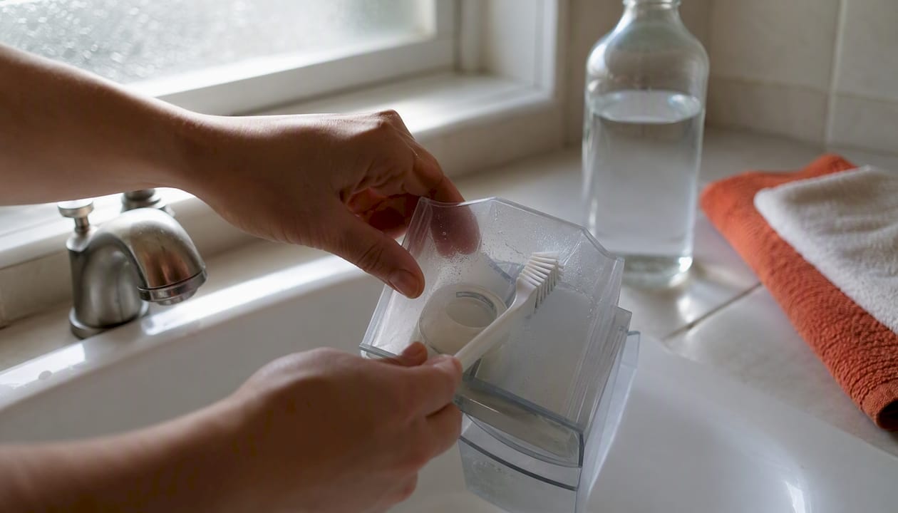 Hands cleaning humidifier tank in kitchen sink