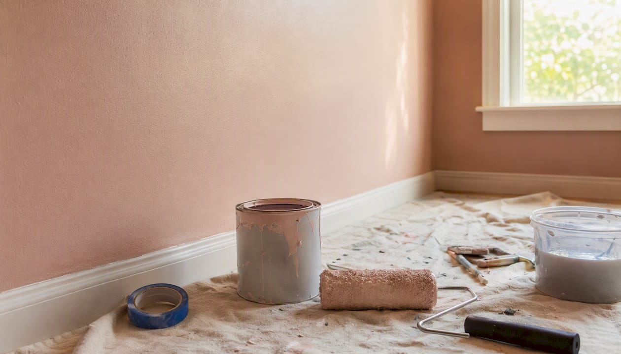 Room corner prepped for painting with tools set nearby