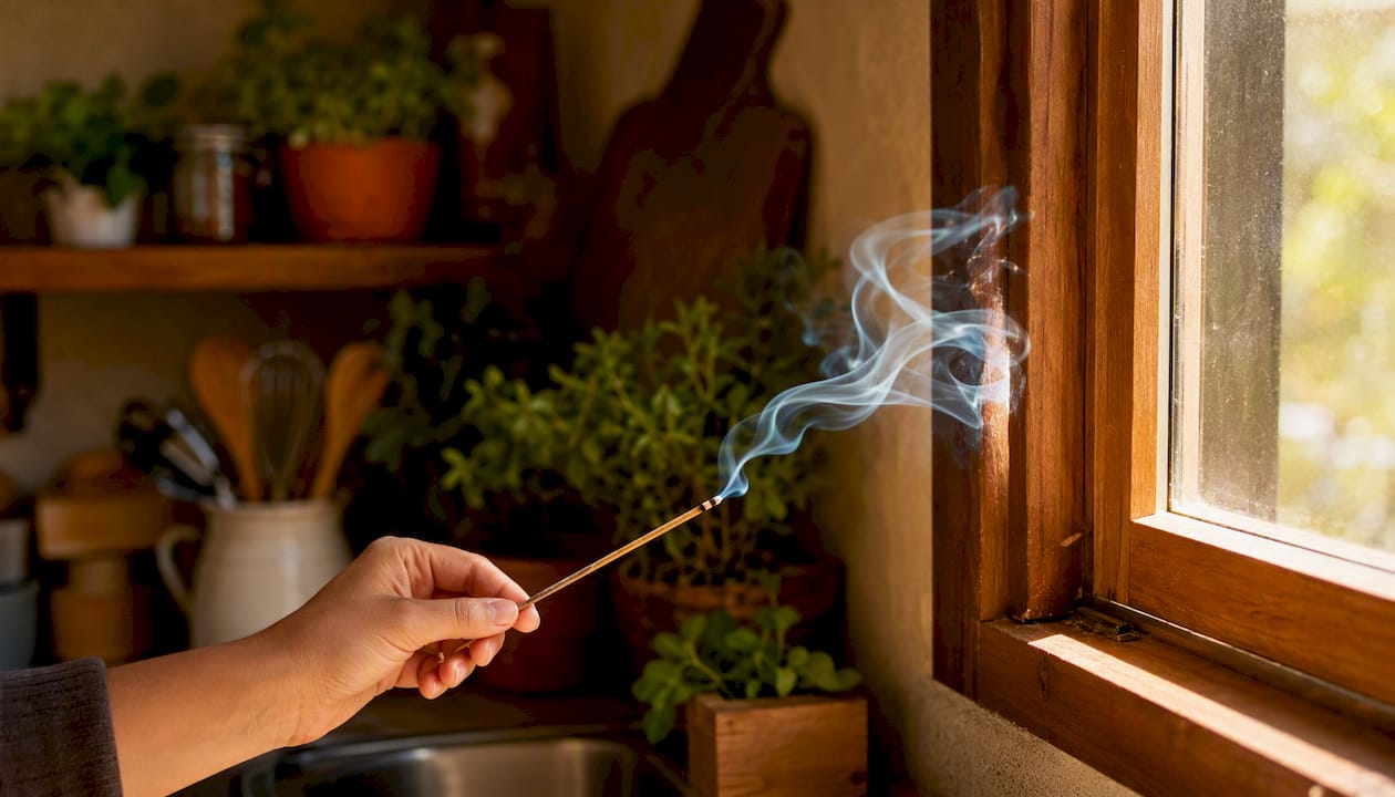 Incense smoke showing air leak at window corner