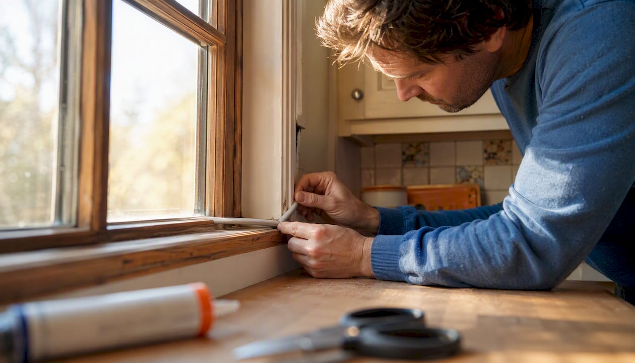 Hands applying weatherstripping to window edge