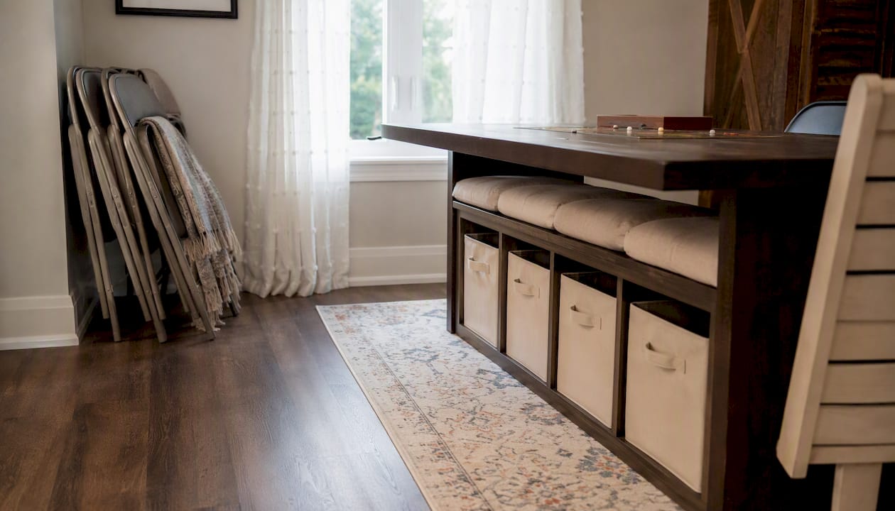 Space-saving folding chairs and storage bench