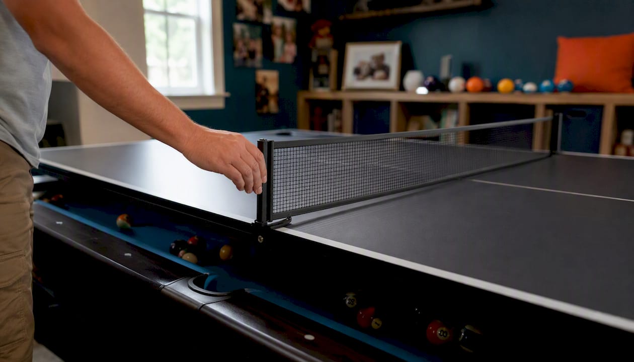 Hand adjusting convertible game table net