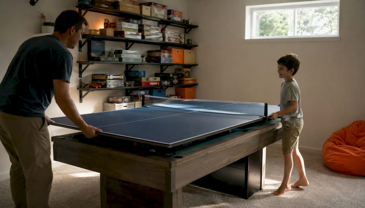 Convertible game table in small family game room