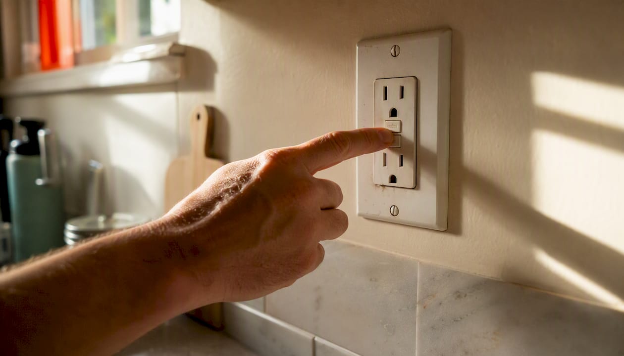 Hand testing a GFCI electrical outlet