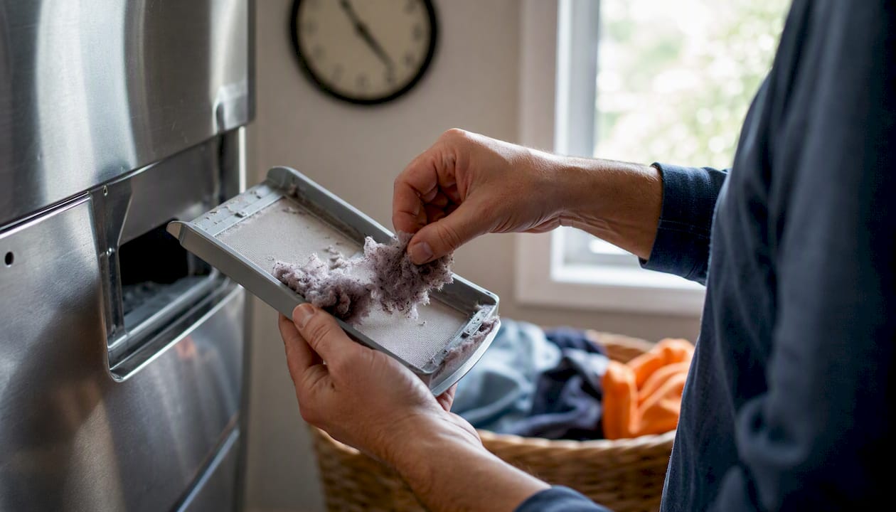 Hands clearing lint trap in dryer