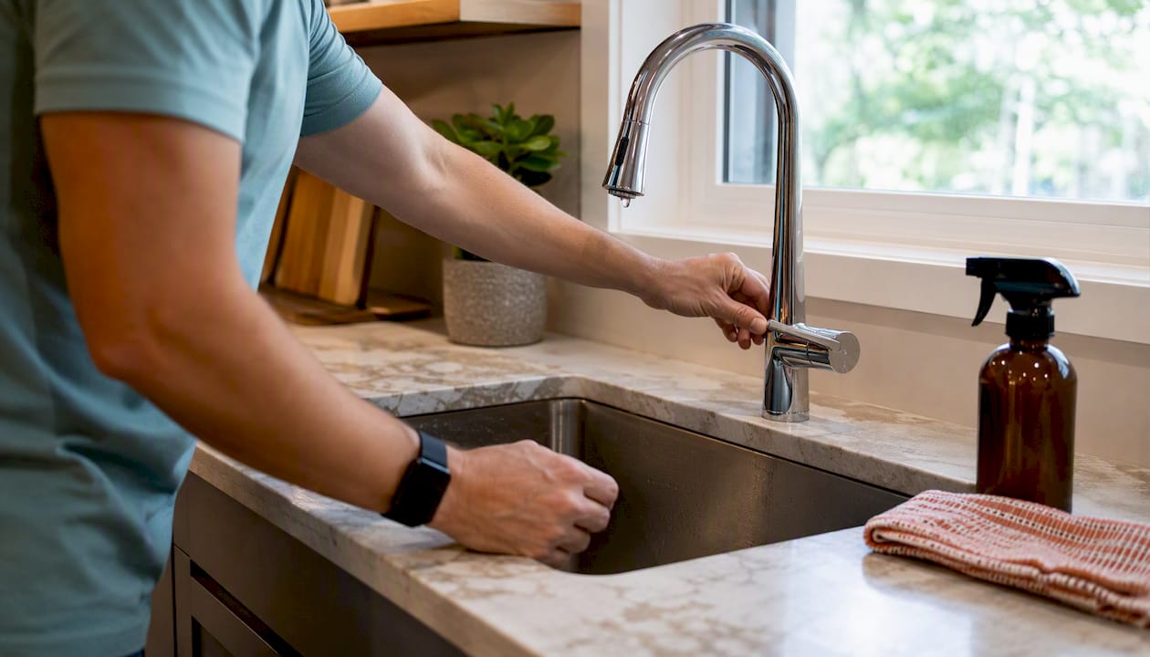 Host inspecting rental faucet for leaks