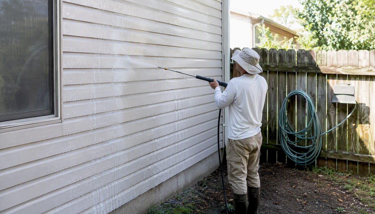 Homeowner power washing vinyl siding safely