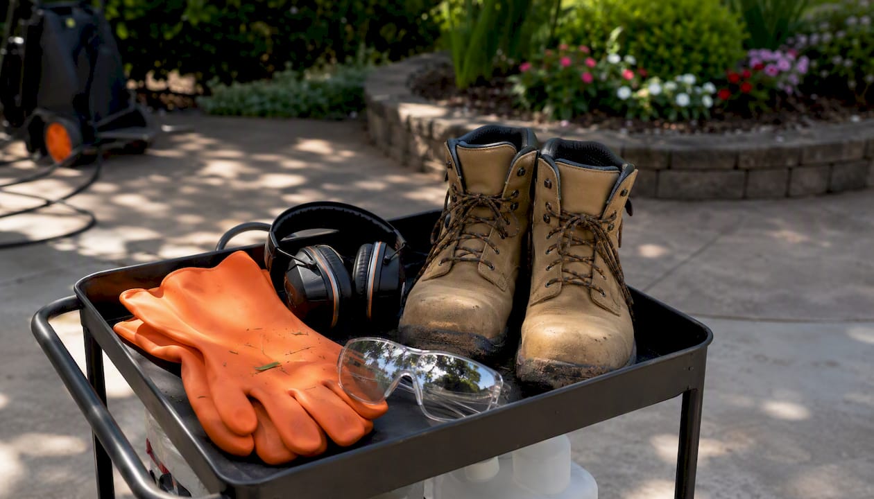 Safety gear for exterior power washing laid out