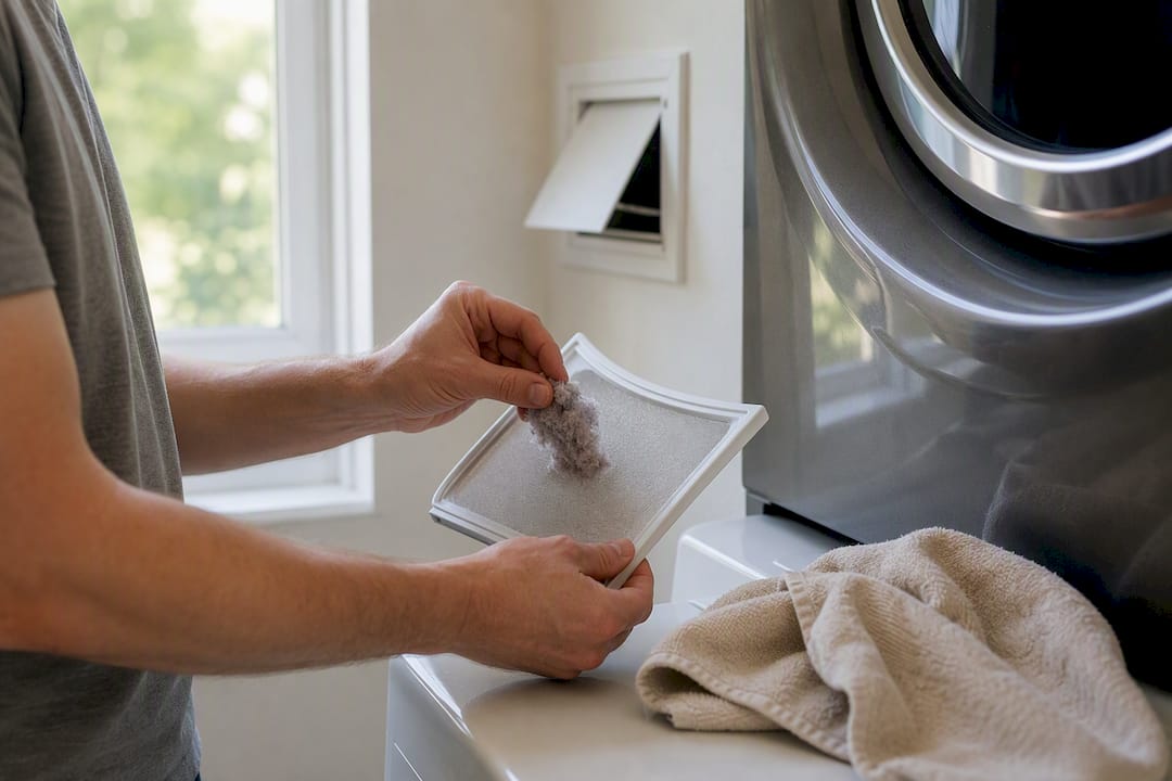 Hands removing lint from dryer lint trap