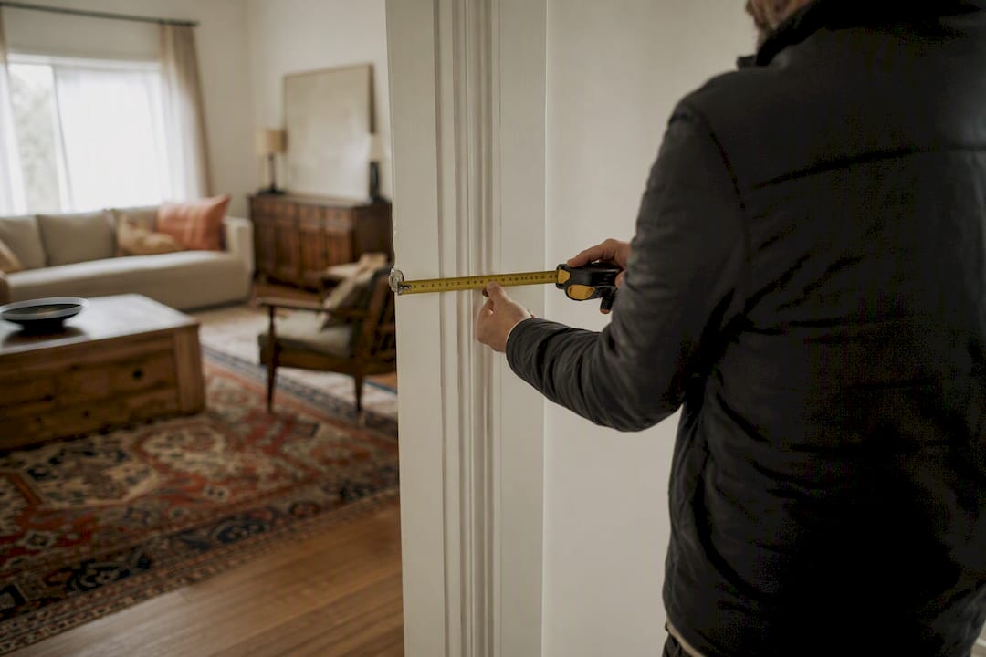 Landlord measuring wall in rental property