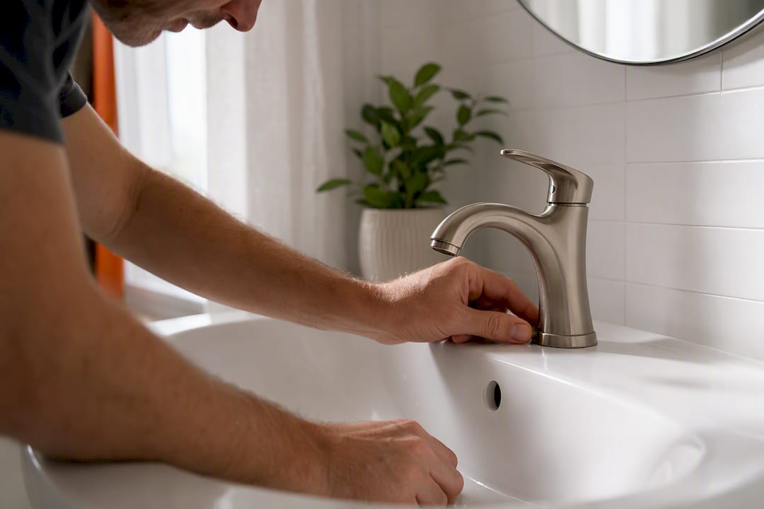 Hands inspecting bathroom faucet for leaks
