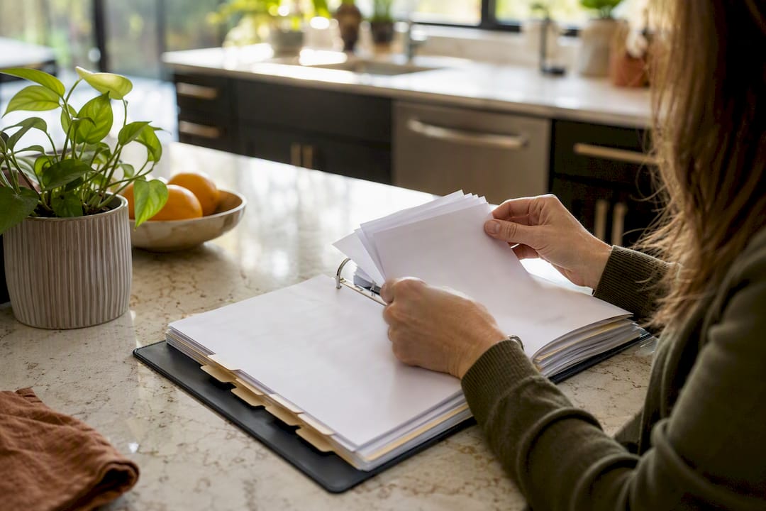 Hands accessing organized binder for insurance