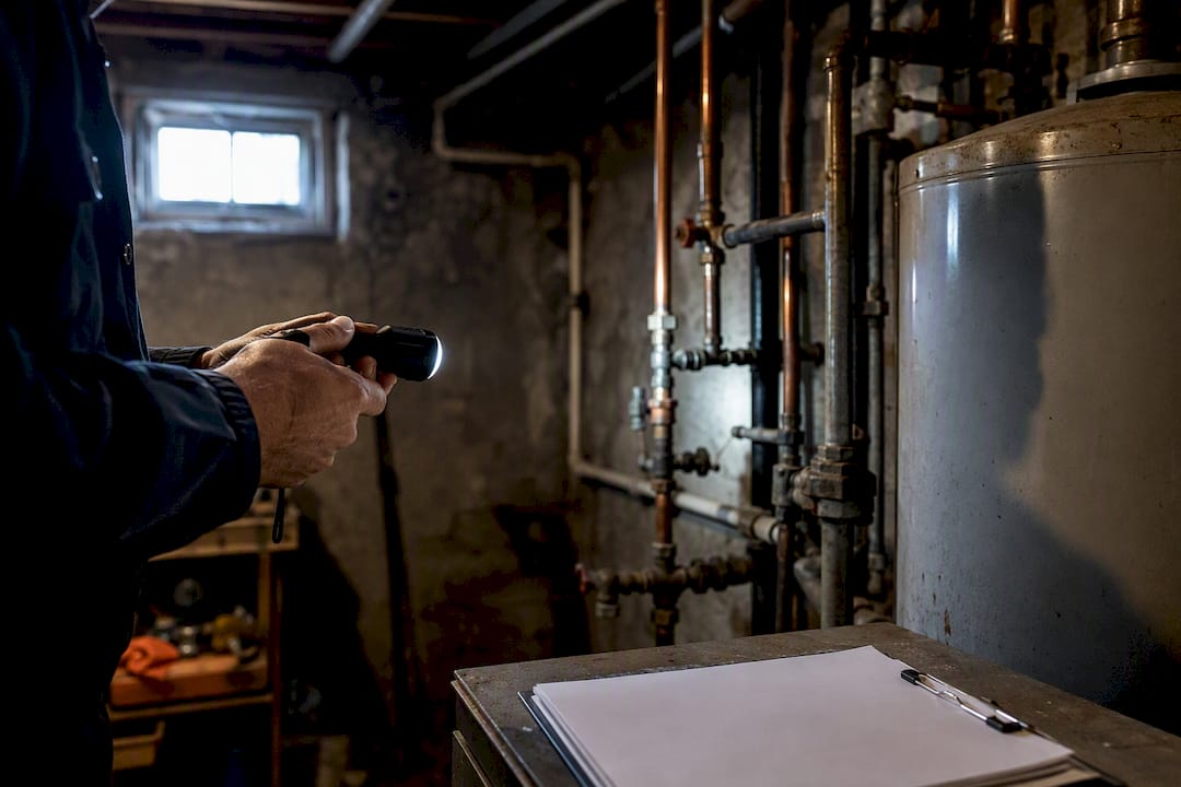 Hands inspecting rental water heater