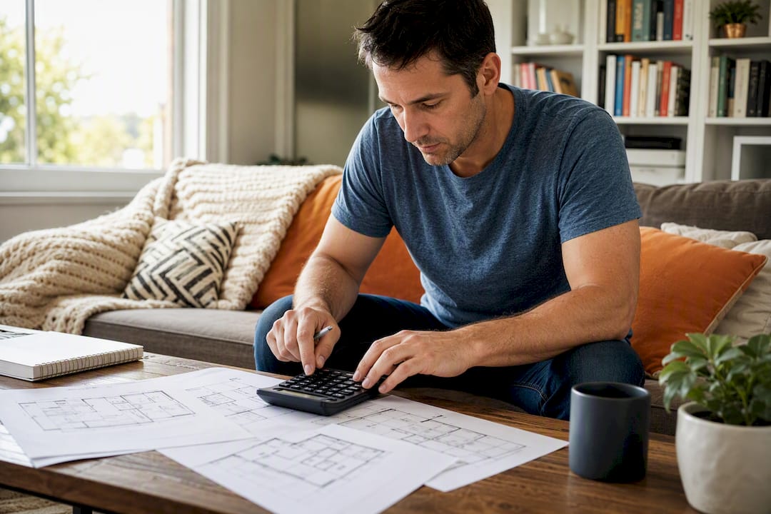 Hands calculating maintenance budget over floor plans