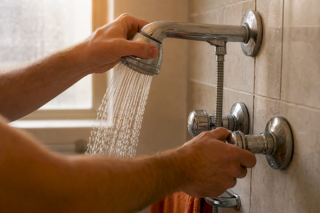 Hands testing bathroom showerhead and faucet