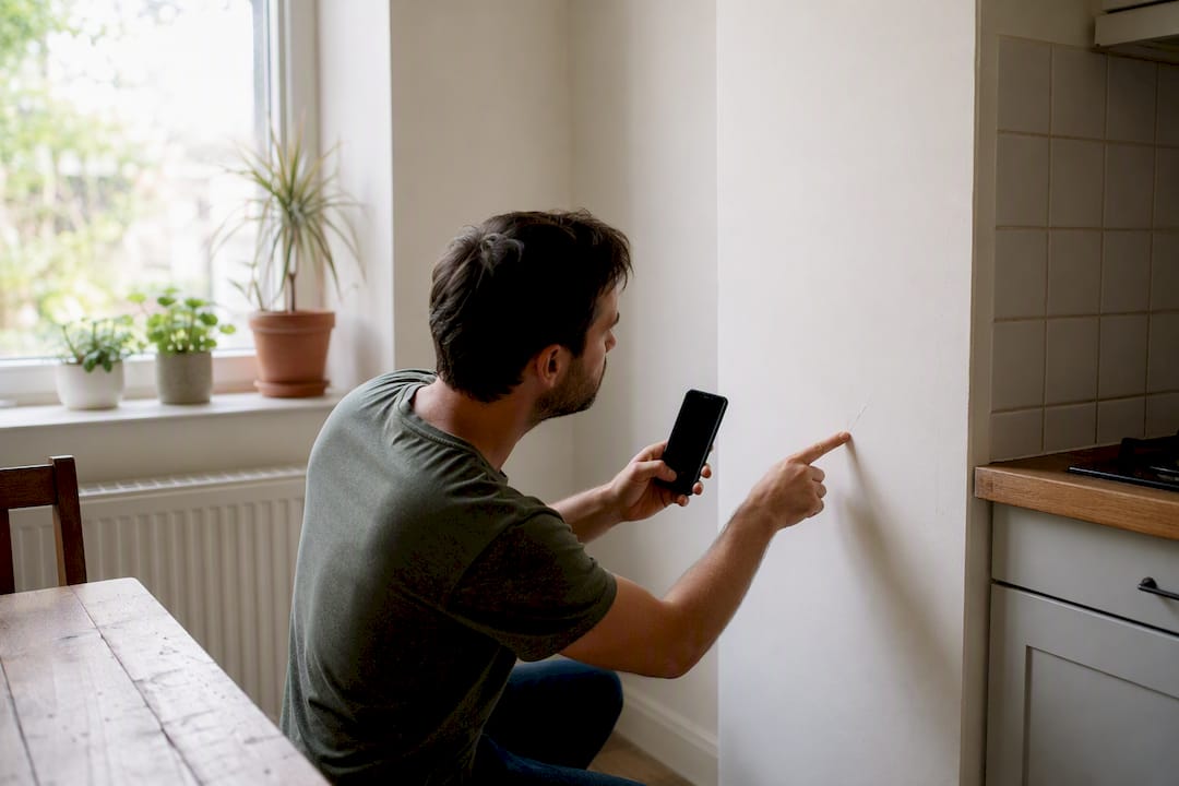 Tenant inspecting rental wall damage