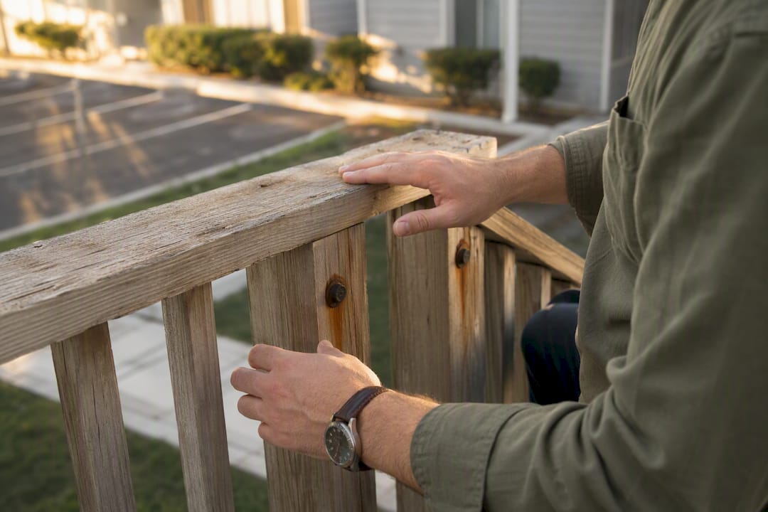 Hands inspecting deck railing and parking damage