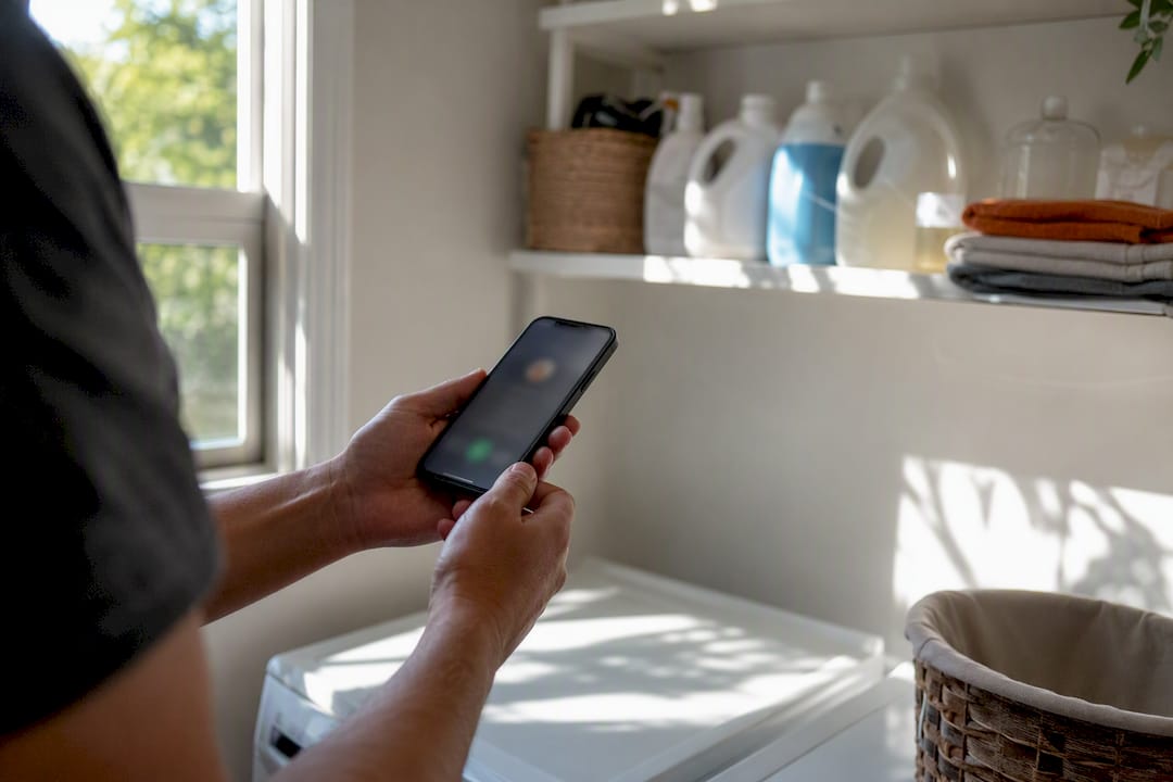 Hands voice-dictating repair log on smartphone