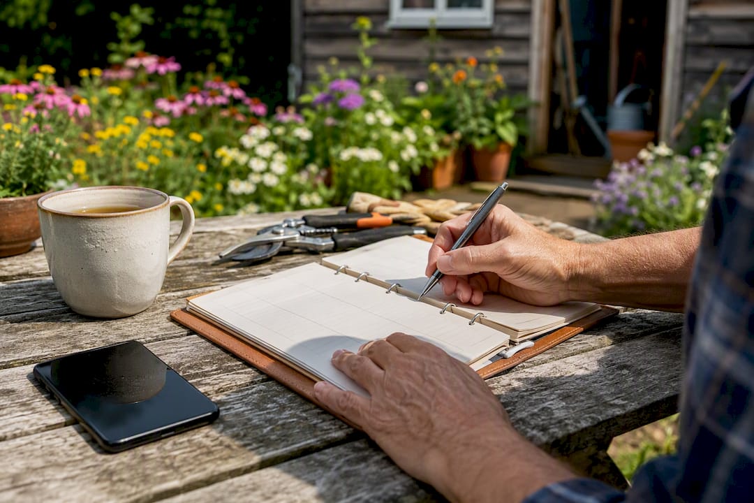 Hands writing in home repair log binder