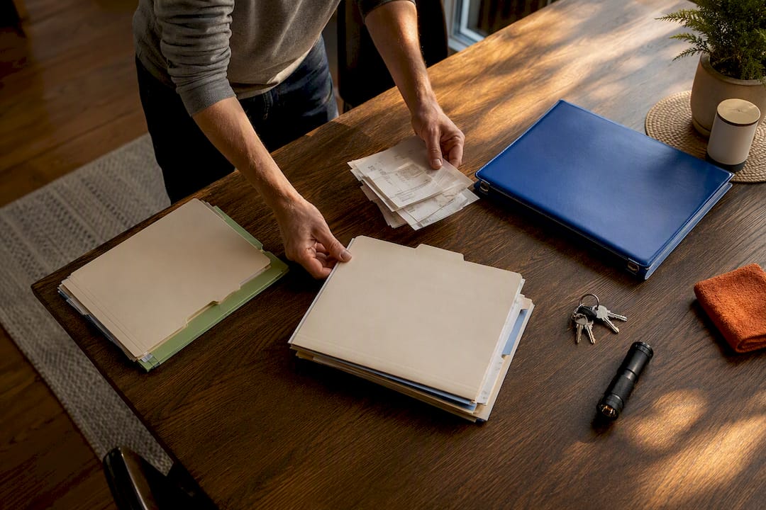Homeowner organizing maintenance records into folders