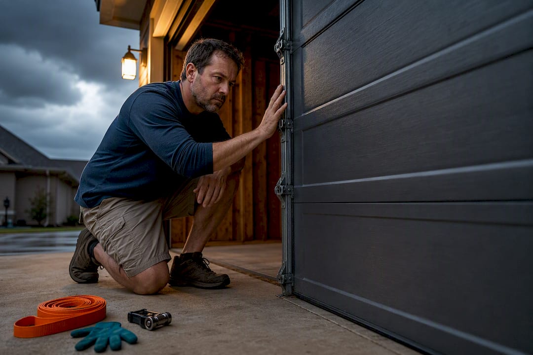 Homeowner checking reinforced garage door